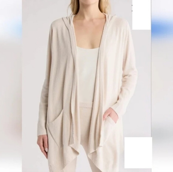 Barefoot Dreams CozyChic Ultra Lite Hooded Seashore Cardigan Cream Medium LARGE - Picture 4 of 9